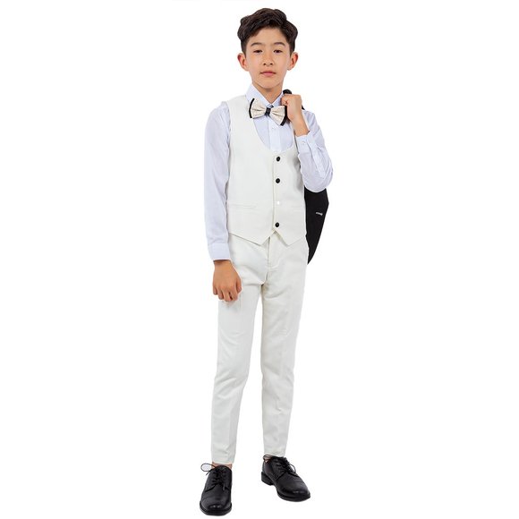 Stacy Adams Boys Ivory Tuxedo Set, 5-Piece Black Shawl Collar - Picture 4 of 7
